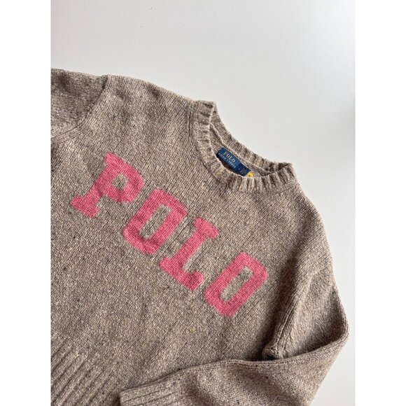 POLO RALPH LAUREN Tan Pink Logo Wool Blend Varsity Crew Neck Sweater, Size S - Picture 7 of 15